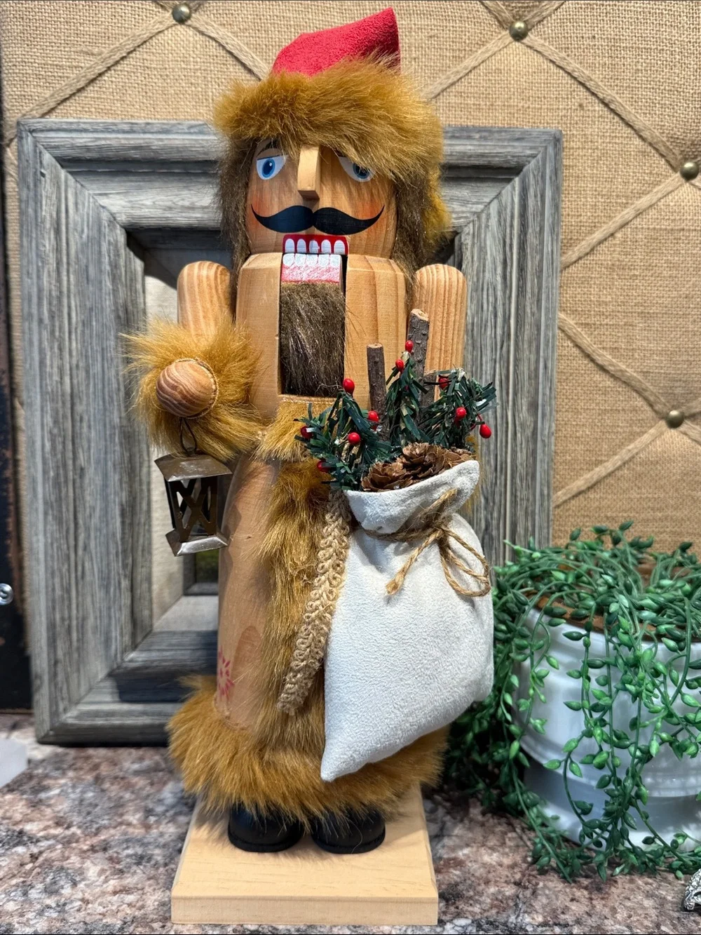 Wooden Nutcracker Santa with Red Hat and Fur Trim